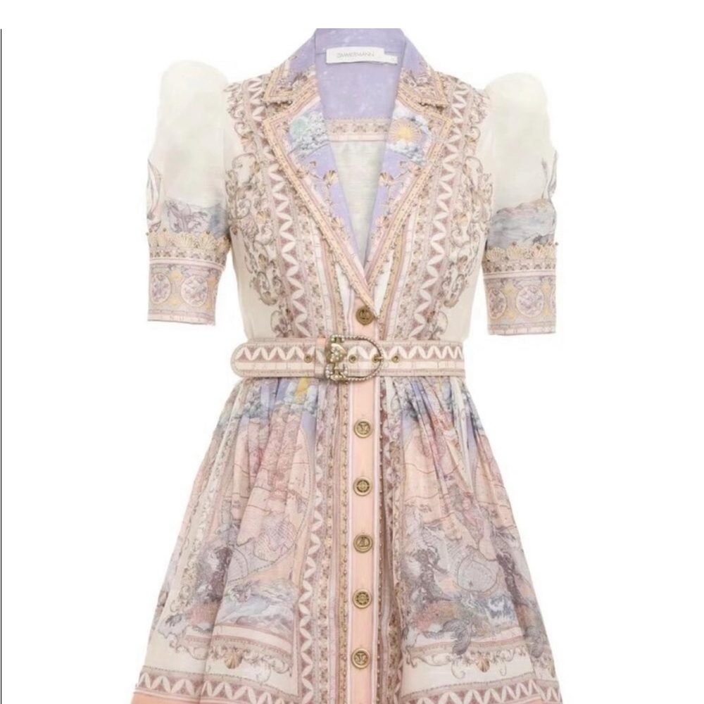 Zimmermann Pink Tan Buttoned Puff Sleeve Sundress